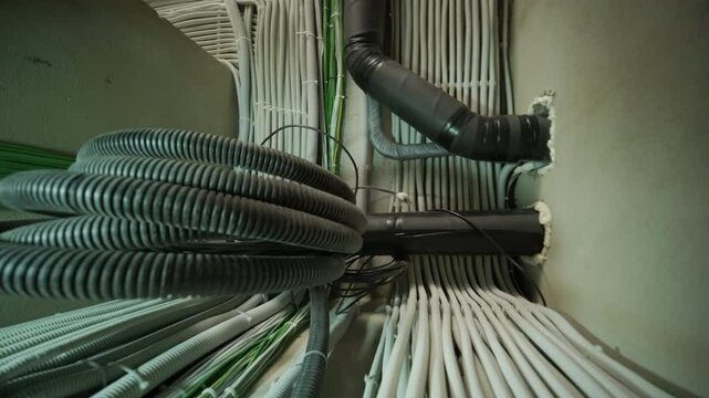 Organized bundle of insulated electrical and network cables in utility corridor