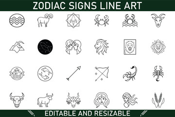 Editable Resizable Zodiac Signs Line Art Graphic Designs