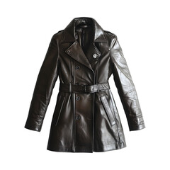 A Chic Leather Winter Coat in Dark Chocolate Brown Isolated on Transparent Background