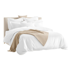 Serene Bedroom Oasis: A beautifully made bed dressed in crisp, white linens and soft, neutral accents. A picture of peace and comfort, ready to invite relaxation.