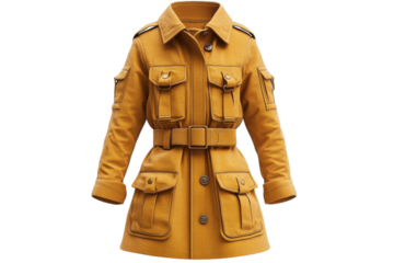 A Stylish Mustard-yellow Belted Utility Coat, Perfect For Autumn Adventures, Boasting Multiple Pockets And A Classic, Tailored Silhouette Against A Clean Isolated on Transparent Background