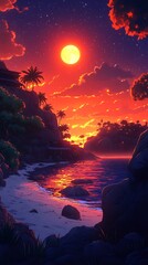Tropical Sunset Beach Scene.