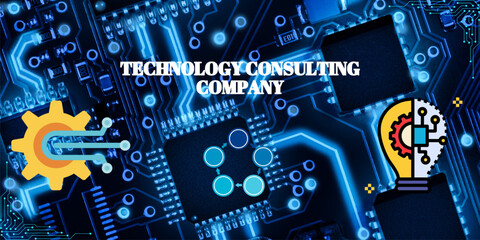 Technology Consulting Company Business Concept Illustration Vector on Blue Background. Professional Business Consulting Icon Banner. Industry, Success, Top, Consultation, Tech, Service, Strategy 