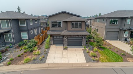 Modern house, suburban street, landscaped yard, aerial view, real estate