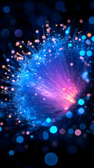 Fototapeta premium Glowing fiber optic burst against dark bokeh background