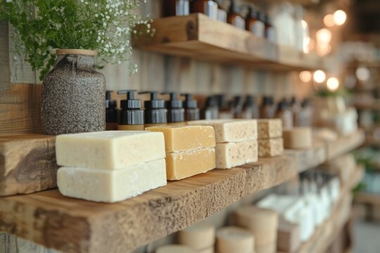 Eco-friendly soap bars and liquid soap bottles sit on wooden shelves, promoting sustainable and natural hygiene products