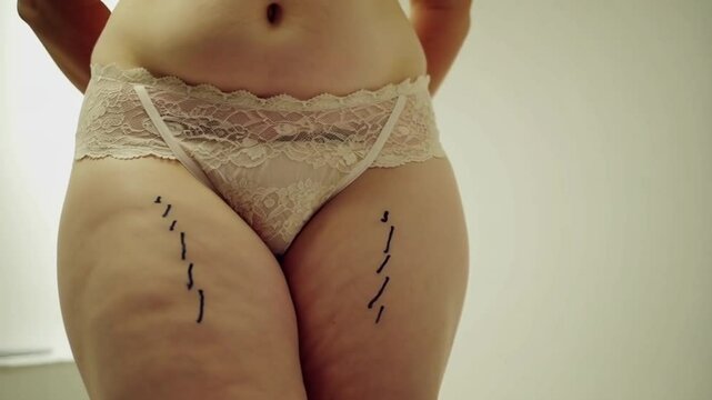 Woman's midsection with lace underwear and markings on her thighs suggesting preparation for a cosmetic procedure.