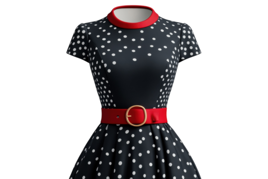 A Timeless Polka Dot Dress, A Classic Design With A Flirty Fit And Flare Silhouette, Accentuated By A Bold Red Belt, Against A Clean Isolated on Transparent Background