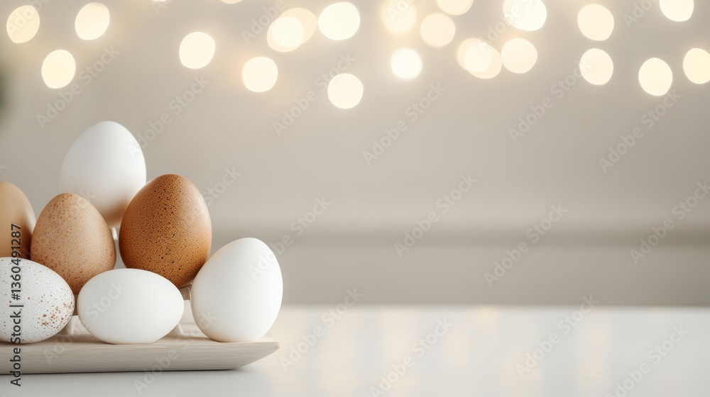 Aufkleber decorative collection of eggs on a white plate with soft bokeh background illuminating a warm atmosp