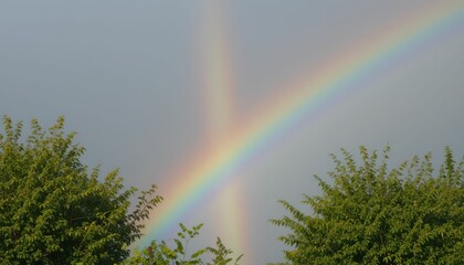 Bright Double Rainbow Appearing Above Lush Green Foliage