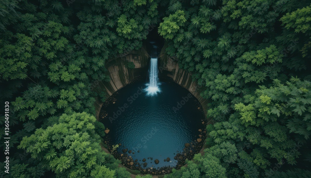 Poster aerial view of serene waterfall cascading into calm pool surrounded by forest