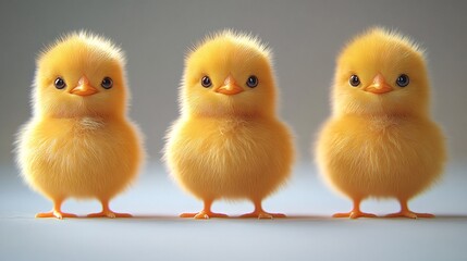 Three Yellow Chicks: Adorable trio of fluffy yellow chicks stands side-by-side, each with wide-eyed curiosity. capturing the essence of childhood and the charm of spring