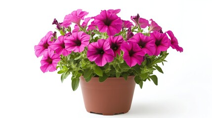 Fototapeta premium A pot of blooming pink petunias in a terracotta flower pot, against a white background, bright colors, high - resolution, plant photography