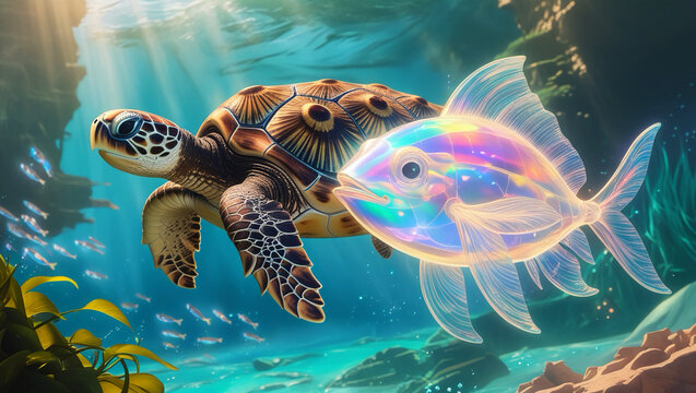 contemporary sea turtle encountering a glowing holographic Archelon in an ancient ocean