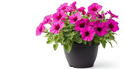 A pot of blooming pink petunias in a terracotta flower pot, against a white background, bright colors, high - resolution, plant photography