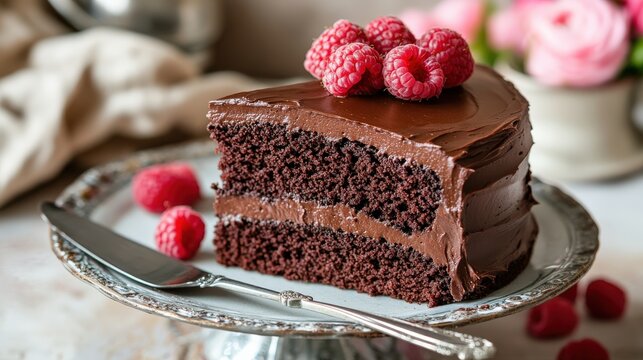 A slice of layered chocolate cake topped with fresh raspberries