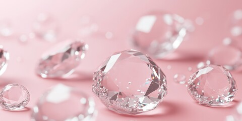 Shimmering diamonds reflect light on a soft pink background. The image showcases the beauty and elegance of crystal-like gems. Perfect for luxury and beauty themes. AI