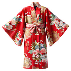 red kimono with floral patterns isolated on transparent background