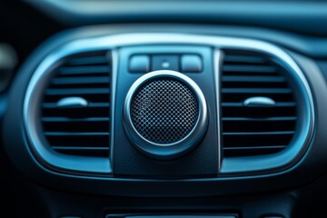 Fototapeta premium Close-up of a car's audio speaker integrated with the air conditioning vents on the dashboard, highlighting modern automotive design