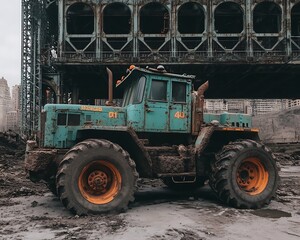 Fototapeta premium An old tractor sits in front of a decayed industrial building