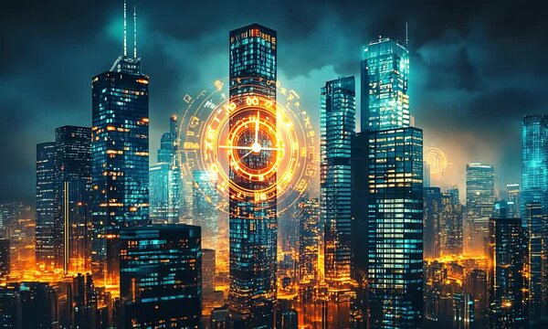 Futuristic city skyline at night with glowing clock overlay and vibrant lights illuminating buildings - Powered by Adobe