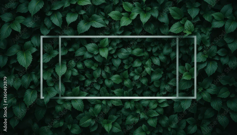 Poster lush green leaves background with empty frame for creative use