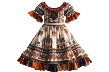 A Whimsical Boho-chic Girls Dress, Adorned With Vibrant Ethnic Patterns And Playful Tassels, Perfect For A Summer Celebration, Showcasing A Creamy Off-white Base Isolated on Transparent Background