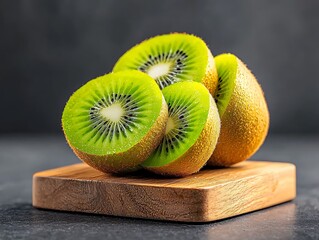 Sliced Kiwis on Wooden Board.