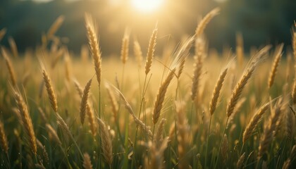 Fototapeta premium Golden Wheat Field at Sunrise with Soft Light and Green Grass