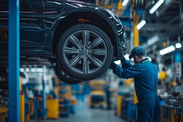 Mechanic inspecting car wheel in a professional auto repair shop