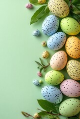 Colorful Easter Eggs on Soft Green Background with Leaves and Small Decorations for Spring Celebrations and Festive Decorations