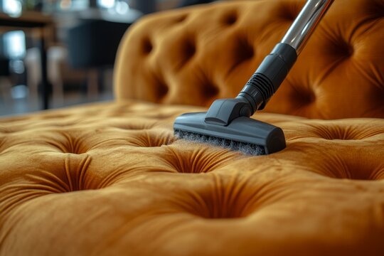 Cleaning service worker using vacuum cleaner on orange velvet sofa in hotel lobby