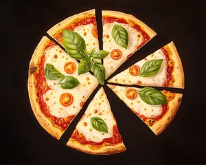 Sliced Margherita Pizza for Dark Background.