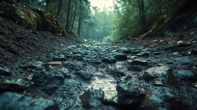 Mountain biking trail with rocks and puddles after rain
