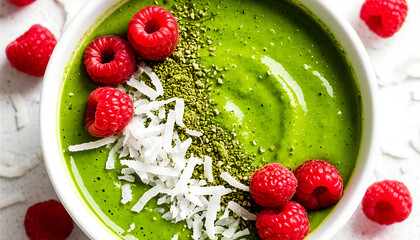 Vibrant Green Smoothie Bowl with Raspberries and Coconut