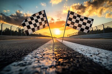 Race flags wave at finish line under sunset at professional track