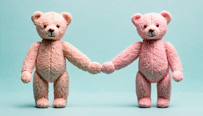 Two happy teddy bears holding hands.