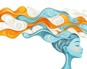 Serene Woman for Abstract Hair, Colorful Clouds.