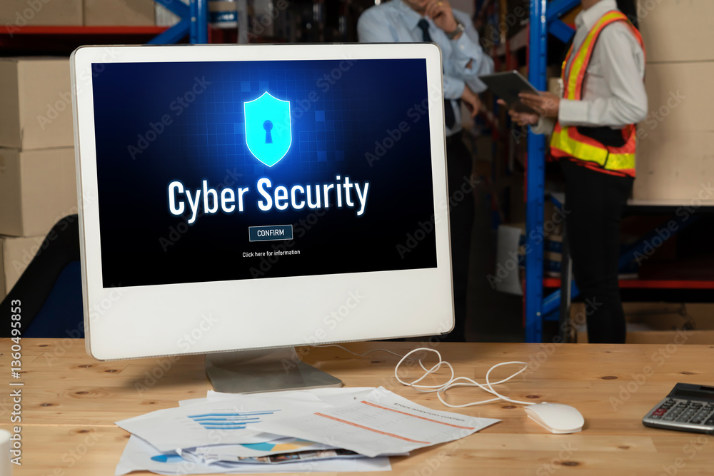 Poster cyber security system on computer screen protect private information snugly from hacker and cyber at