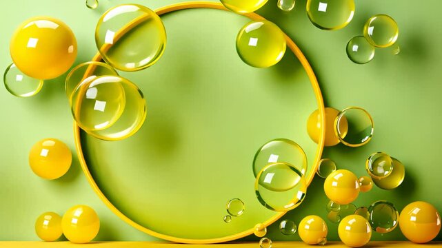 round yellow bubble splashing water as picture frame on green background