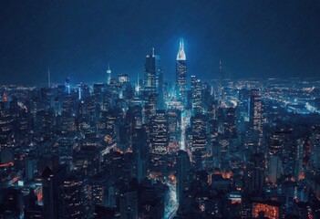 Aerial View of a Bustling City Skyline at Night