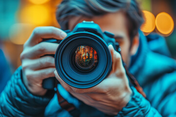 Photographer framing autumn trees reflected in camera lens, taking pictures in nature