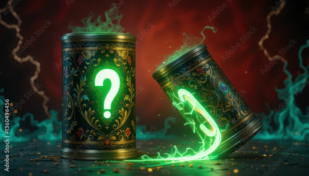 Poster mysterious can with glowing question mark and magical aura effect