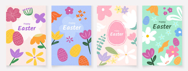 Set of Easter holiday cards with vibrant textures. Creative vector illustrations with hand drawn eggs, spring flowers, and grass. For party invitations, branding, ads, covers, and sales.	
