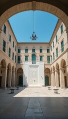 Bright Courtyard with Arched Architecture and Clear Blue Sky