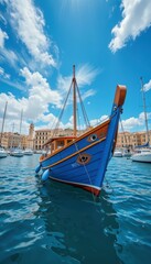 Obraz premium Vibrant Fishing Boat Docked in Tranquil Harbor Under Blue Sky