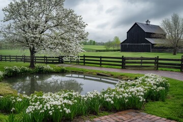 Blooming flowers surround a tranquil pond near a rustic barn under a cloudy sky in a peaceful rural landscape during springtime