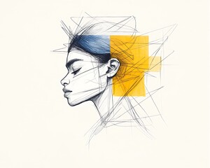 Serene Woman for Abstract Sketch, Yellow Accent.