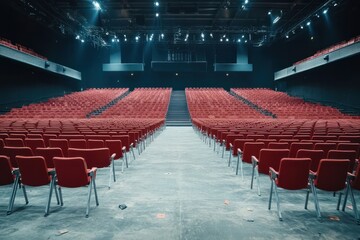 Naklejka premium Rows of empty red seats in a spacious auditorium ready for an upcoming event