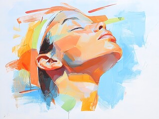Serene Woman for Abstract Portrait, Sky Background.